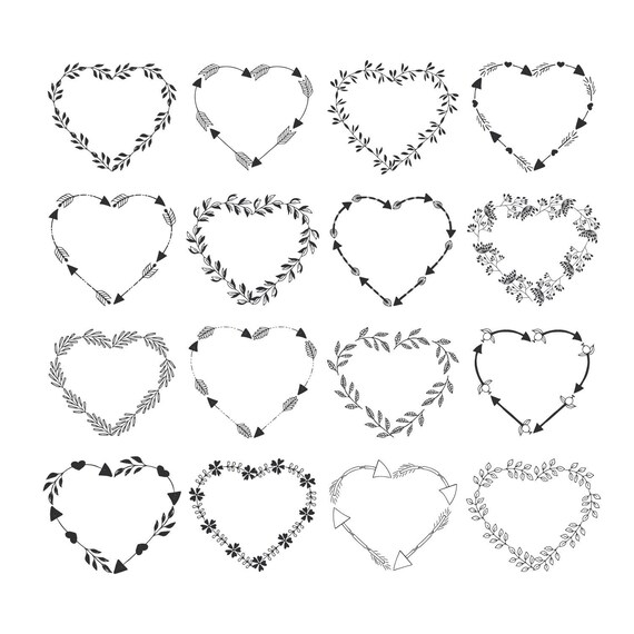 Download Heart frames with herbs flowers and arrows. Wreath svg