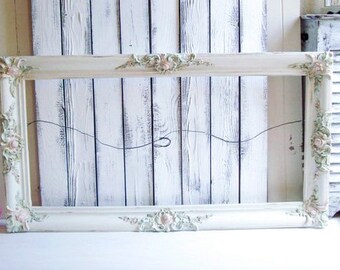 Shabby Chic Large Frame, Cream Ornate Frame, Open Frame with Pink Floral Details, French Cottage Frame, Baby Shower Decor, Wedding Frame