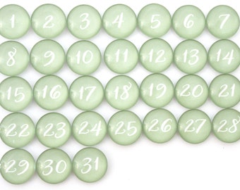 31 pretty Moss Green Calendar Number Glass Magnets - NEW!