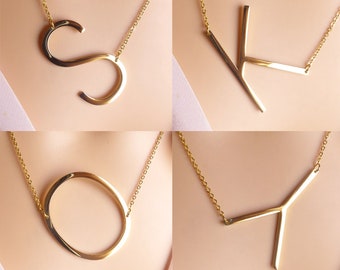 large initial letter necklace, oversized big capital letter alphabet personalized necklace jewelry, gold sideways letter necklace,gift ideas