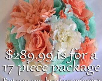 Wedding Bouquet, Silk Flower Bouquet, Wedding Flowers, Bouquet Wedding, Bridal Bouquet, Coral, Robin's Egg Blue, Spa, 17 Pc, Lily of Angeles