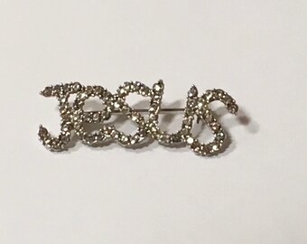 Rhinestone Brooch Jesus Pin Christian Witness Religious Church Vintage Jewelry