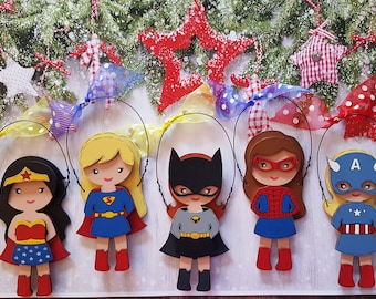 Super Hero Girl Personalized Christmas Ornament, Wonder Woman, Super Girl, Bat Girl, Spider Girl, Captain America Girl