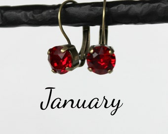 January Birthstone Drop Earrings - 8mm Siam Red Swarovski Crystal Earrings