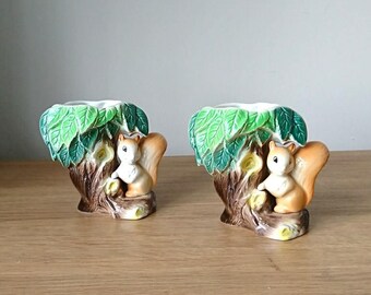 Vintage Vase Squirrel by a Tree Posy Vase pair x 2 Hornsea Fauna Royal Made in England No. 26 Kitsch Ceramic Collectable Earthenware Planter