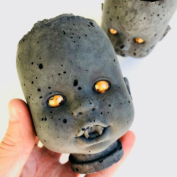 PeaboZombie Baby Doll Head Planter V2.0 (fangs)- Hypertufa