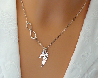 Personalized Angel Wing Necklace, Sterling Silver Wing Infinity Necklace, Guardian angel charm, Infinity Angel Wing Pendant, Wing Necklace