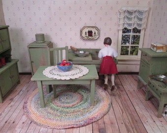 German Dollhouse Furniture - 6 Piece Kitchen - Cabinet, Table, Chair, Refrigerator, Stove and Sink - 1" Scale