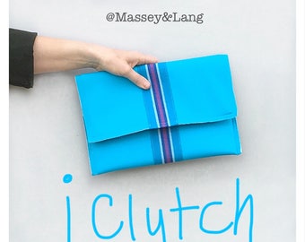 The Aqua. A neoprene iClutch with wide striped grosgrain ribbon detail