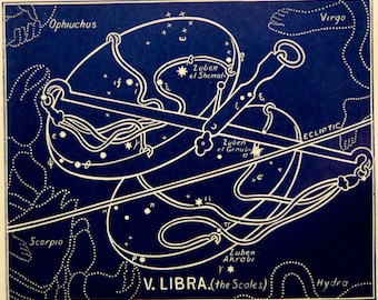 1911 Antique print of STARS. CONSTELLATIONS. LIBRA. Astronomy. Zodiacal Constellations Zodiac. 117 years old celestial chart