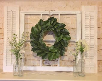 Farmhouse Decor, Shutter Wall Decor, Window Frame, Magnolia Wreath