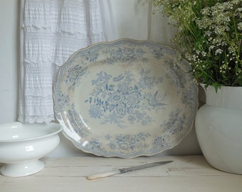 Large antique blue & white Asiatic Pheasants platter or serving plate
