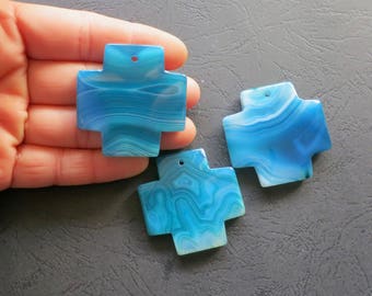 AS PICTURED- 3pcs Large Blue Stripe Agate Cross Pendant 42x42mm- top drilled- mens pendant