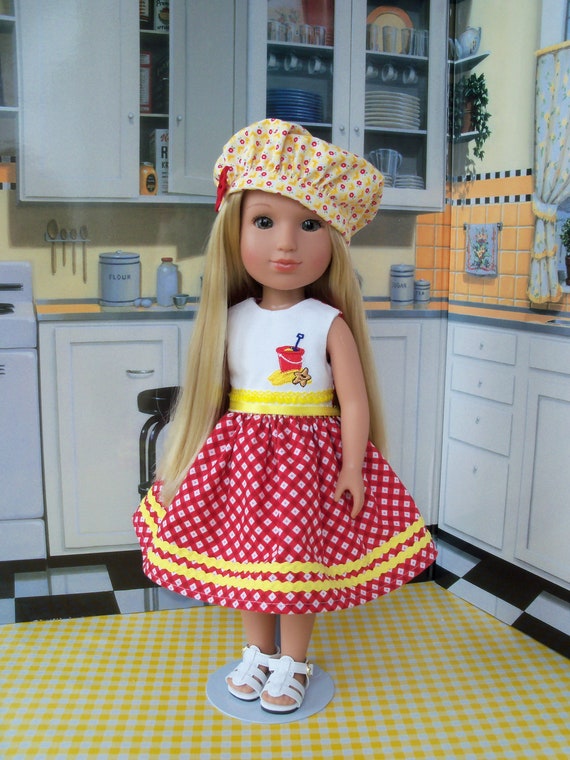 Dress, Hat & FREE SANDALS / Like Wellie Wisher Doll Clothes/ Fits Glitter Girl Doll Clothes, H4H, Les Cheris /14 Inch Dolls Clothes