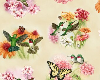 Elizabeths Studio - Hummingbirds - Hummingbird Floral - Cream - Fabric by the Yard 4317E-CRM
