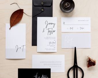 Printable Wedding Invitation Set | Wedding Invitation + RSVP | Modern, minimalist, black, white, gray, neutral, calligraphy | Minimalist