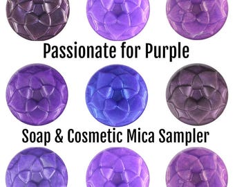 Mica Sample Set - Passionate for Purple - 7 Purple Mica Powder Colors for Soap & Cosmetics - Approved for Lip, Eye, Nail, Soap Making