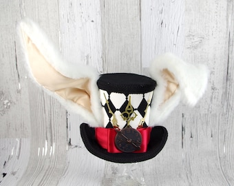 The White Rabbit - Black, White and Red Harlequin Clockwork Bunny Large Mini Top Hat, Alice in Wonderland Mad Hatter
