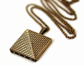 Pyramid Locket - Egyptian Pyramid Brick Design Gold Locket Necklace - Gift For Her