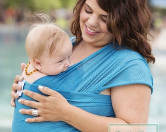 USA made Beachfront Baby Wrap Carrier- SAFE water babywearing at the beach, pool, water park or in the shower- Caribbean Blue mesh
