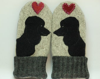 Poodle Mittens Wool Sweater Mittens Black Grey and Red Poodle Applique and Leather Palm Fleece Lining Eco Friendly Upcycled Size S/M