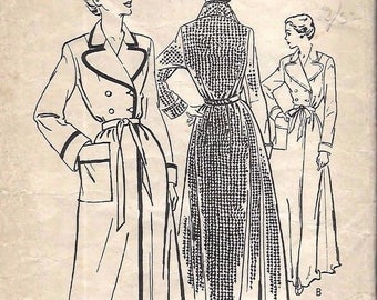 Vintage 1950's Tailored Double Breasted Robe Dressing Gown Large Lapels Sewing Pattern B 36"