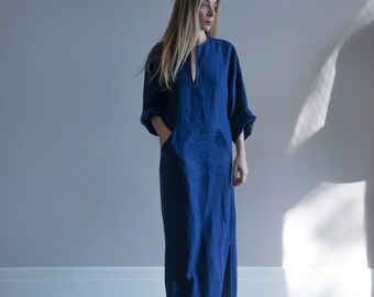 JEFF Indigo Blue Women's contemporary pure linen caftan. Softened fabric. Front pocket Tunic