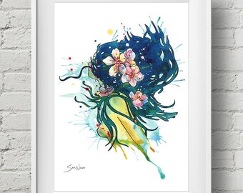 Beach Goddess : print mermaid art nouveau watercolor painting