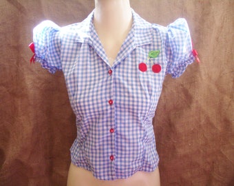Cute,blue gingham,check puff sleeve blouse with heart buttons,bows,cherry!Rockabilly,pin-up,1940's,1950's,hillbilly,kawaii,lolita,vintage!