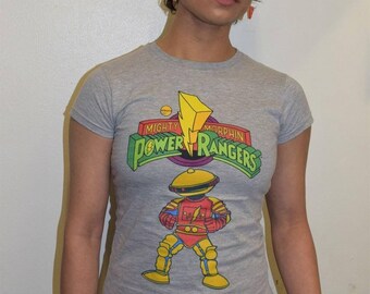 Power Rangers Logo Alpha Official Ladies Fitted T-shirt (Heather Grey) MMPR Mighty Morphin Power Rangers
