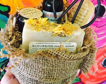 GARDENING GIFT BASKET {Year Round Gift, Burlap Bag,Gardening or Kitchen Hand Soap,Herbal Salve,Bug Repellent, Nail Brush, Shears Optional}