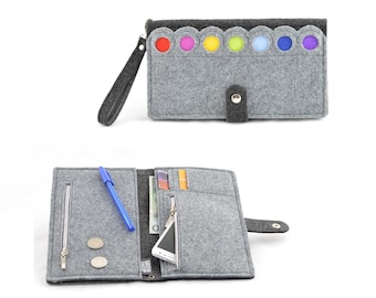 Grey Felt Wallet with a colorful dots, anthracite, modern, eco, Rainbow, XXXL size
