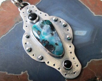 Chrysocolla, Malachite, and Tenorite in Quartz Pendant with Black Onyx Sterling Silver Necklace Jewelry