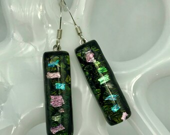 Dichroic Black Multi-color Glass Earrings, Fused Glass Earrings, Shimmery Colored Glass, Rectangle Glass Earrings