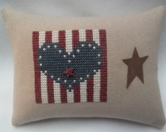 Patriotic Cross Stitch Mini Pillow Heart And Star Shelf Pillow