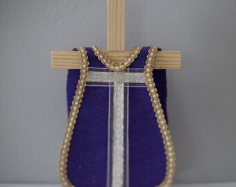 Single Violet Felt Vestment with White and Gold Ribbon