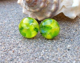 Bright Yellow and Green Fused Glass Stud earrings with Dichroic Sparkles