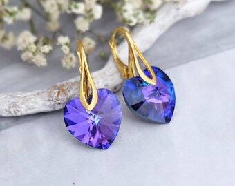 Heart earrings, Swarovski earrings, Purple earrings, Bridesmaid gift, Dainty earrings, Delicate crystal earrings, Rose gold silver earrings