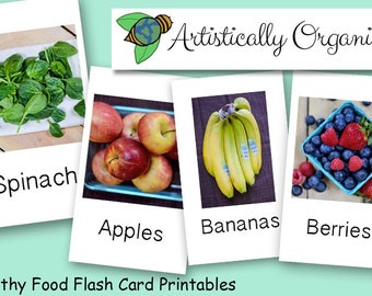 Healthy Food Flash Cards Instant Download | 20 Homeschooling Flash cards, Vegan Food Flash Cards