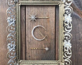 Silver Moon Goddess Hair Clips~Crescent moon hair pin Pave hair clip celestial hair clip Moon Goddess hair Silver Moon hair star hair comb
