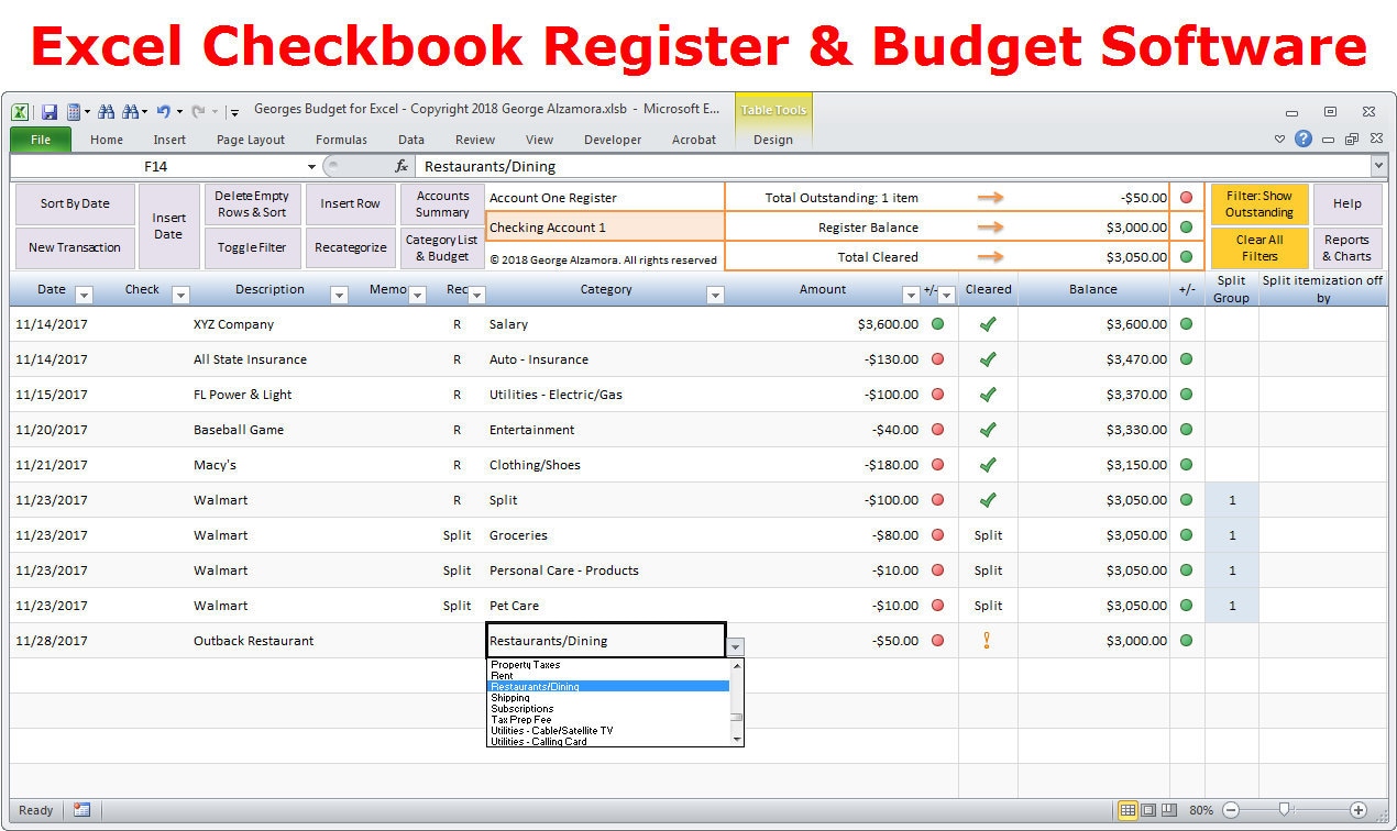 Excel budget spreadsheet template and checkbook register
