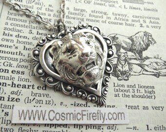 Lion Necklace Antiqued Silver Heart Necklace Lion Pendant Feminine Gothic Victorian Steampunk Jewelry