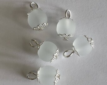 5 pendants 8mm frosted white glass pearls