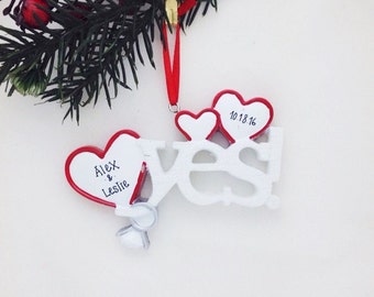 Yes! Hearts & Engagement Rings / First Christmas Ornament / Personalized Ornament / Engaged Couple / Engagement Ornament