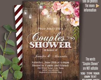 Printable couples shower invitation, Wedding rustic templates, Instant Download Self Editable PDF A2001