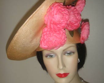 Fabulous Original Red Feather 1960's Jack McConnell Original Pink Platter And Rhinestone Hat