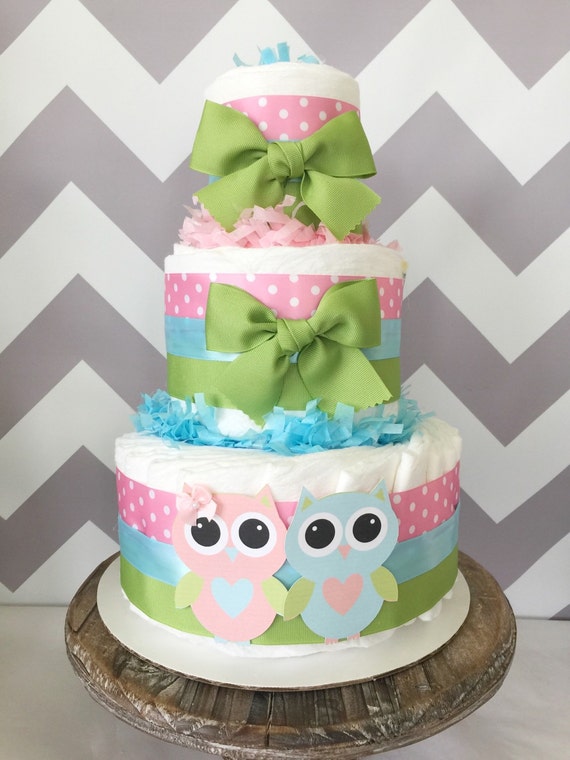 Owl Diaper Cake for Twins Gender Reveal Centerpiece Owl Baby