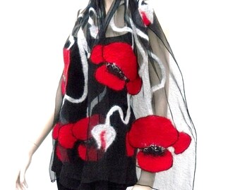 Nuno Felted Scarf merino wool silk floral Nuno felting shawl Red flowers Clothing Gift