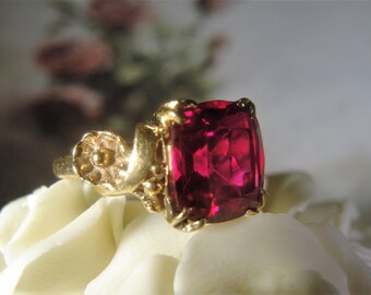 Vintage Ring, 14k Gold Ring, Ruby Ring, Ruby Red Ring, Art Nouveau Ruby Ring, Red Ring, Cushion Cut Ruby Ring, Lab Created Ruby Ring, S 6.25
