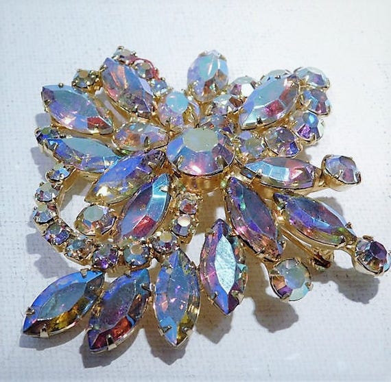 Aurora Borealis Rhinestone Brooch / Mid Century Brooch / 1950s 50s Brooch / Wedding / Bride Bridal Jewelry / Hollywood Fashion